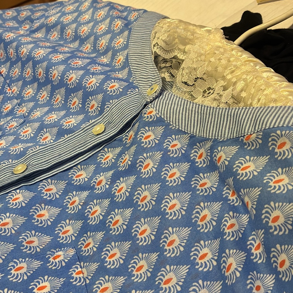 Talbots 2XP Blue Popover Blouse w/ Orange and White Print